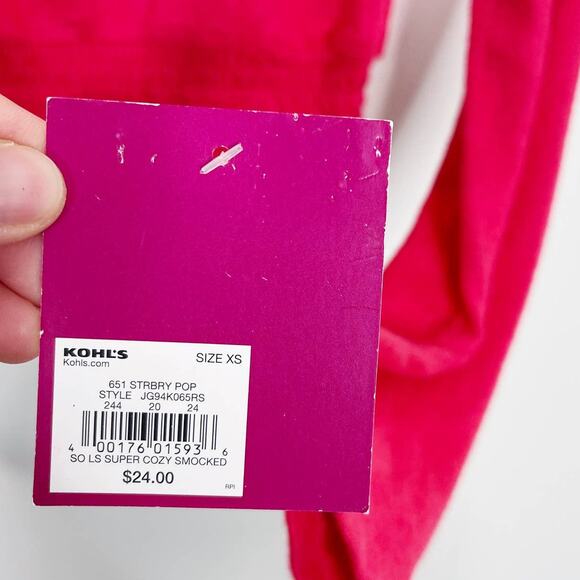 New SO Long Sleeve Super Cozy Smocked Tee Pink Strawberry Pop Cropped XSmall XS - Picture 7 of 10